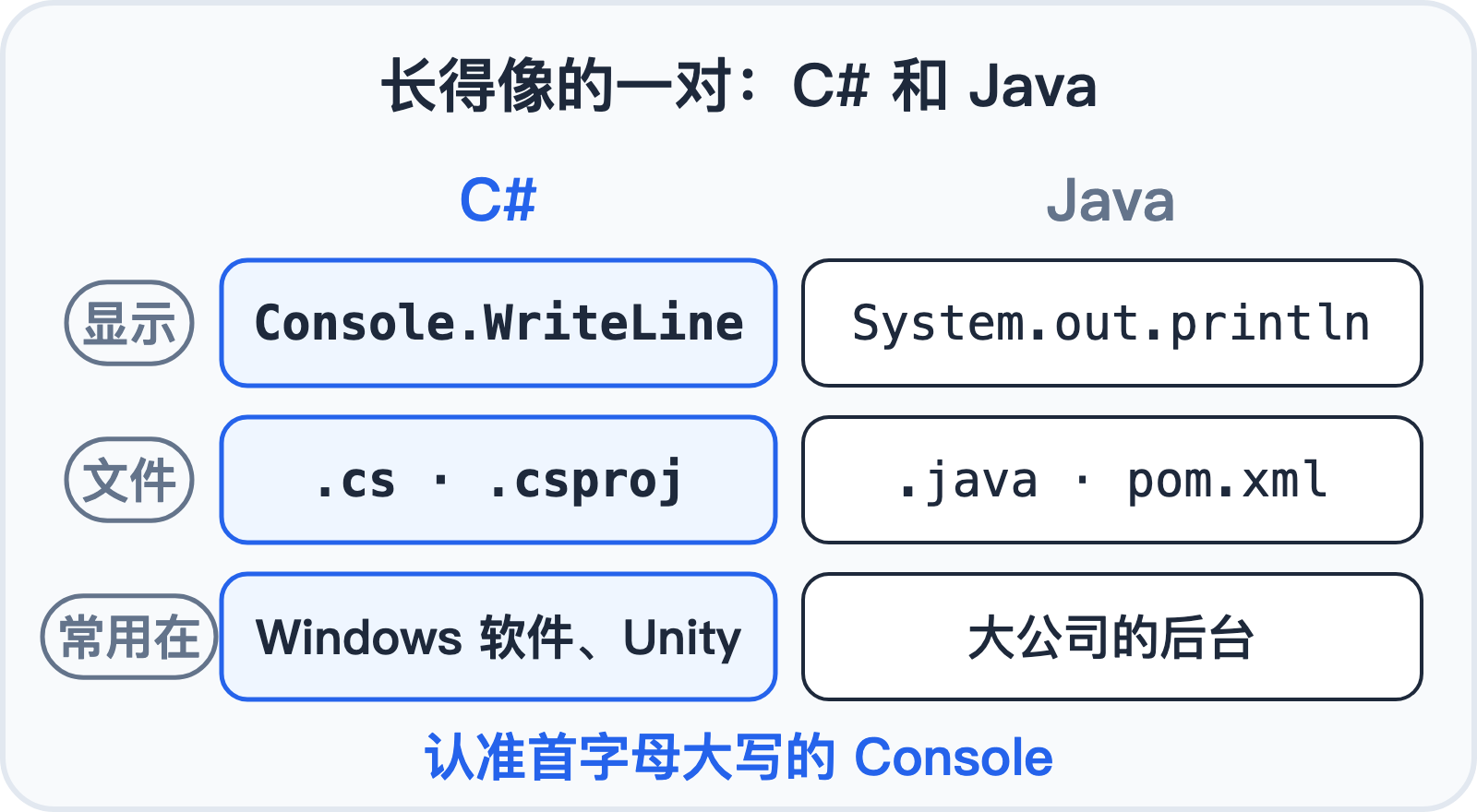 C# 和 Java 对照:大写 Console 是 C#